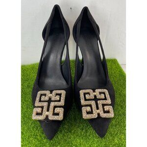 Black Suede Pumps With Rhinestone Buckle Embellishment Size 40